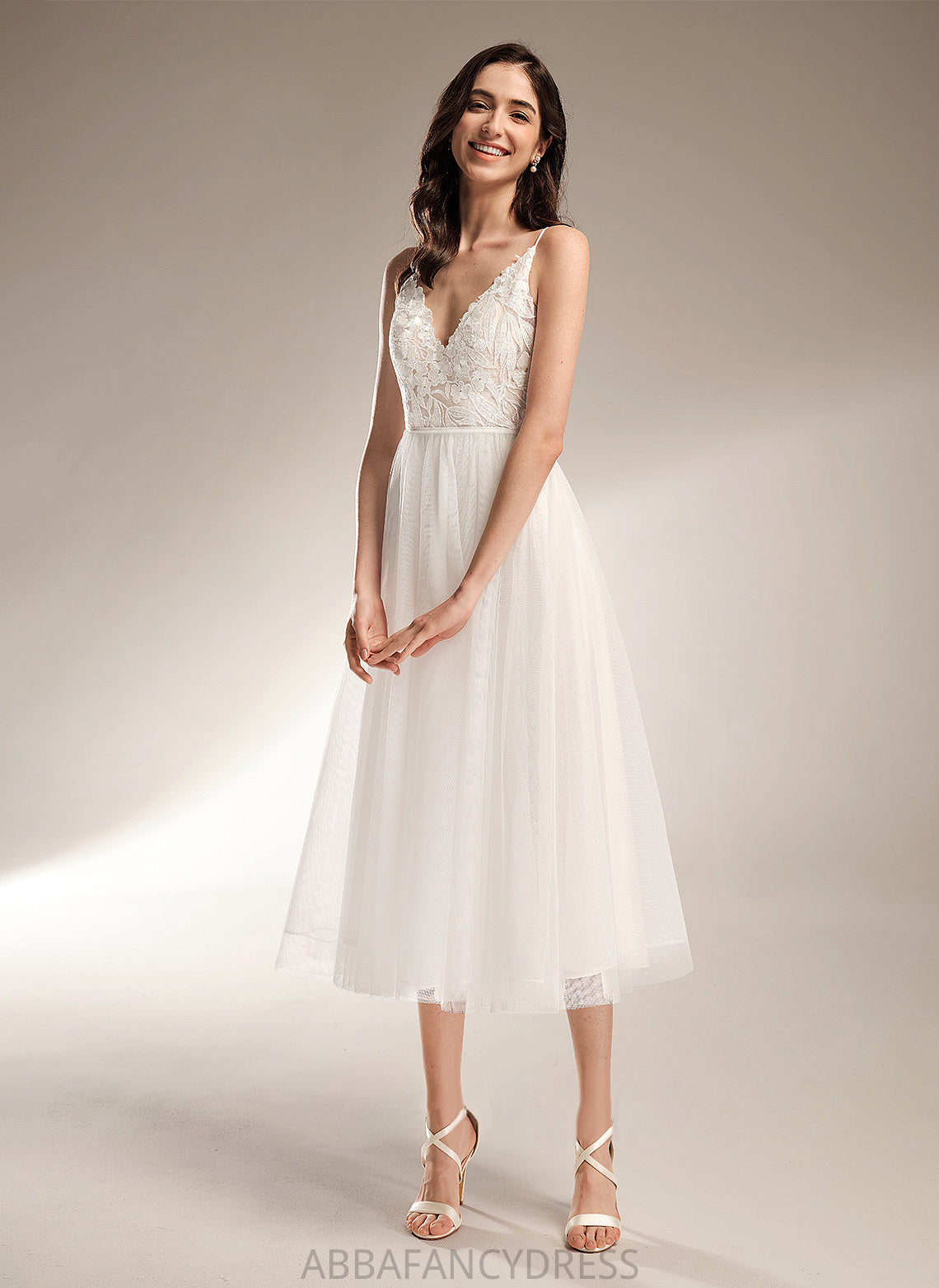 Lace A-Line Dress Tulle Tea-Length V-neck Kaylie Wedding Dresses Wedding