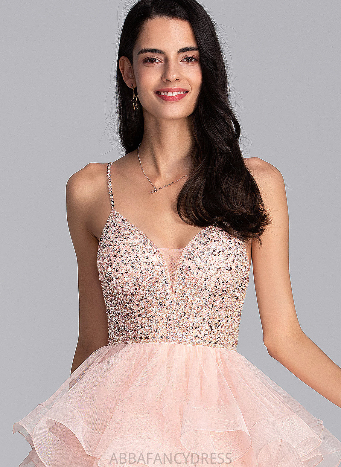 Ball-Gown/Princess Prom Dresses Knee-Length Sequins V-neck Elsie Tulle Beading With