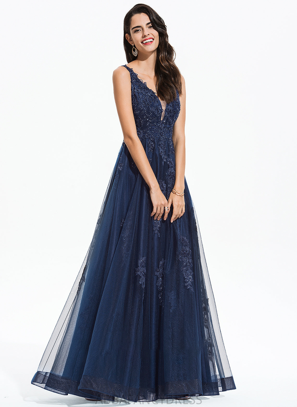 Sequins Charlize Tulle V-neck With Lace A-Line Prom Dresses Floor-Length