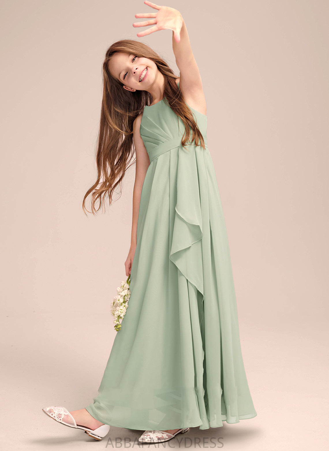 Scoop Ruffles Chiffon A-Line Neck With Cascading Floor-Length Kara Junior Bridesmaid Dresses