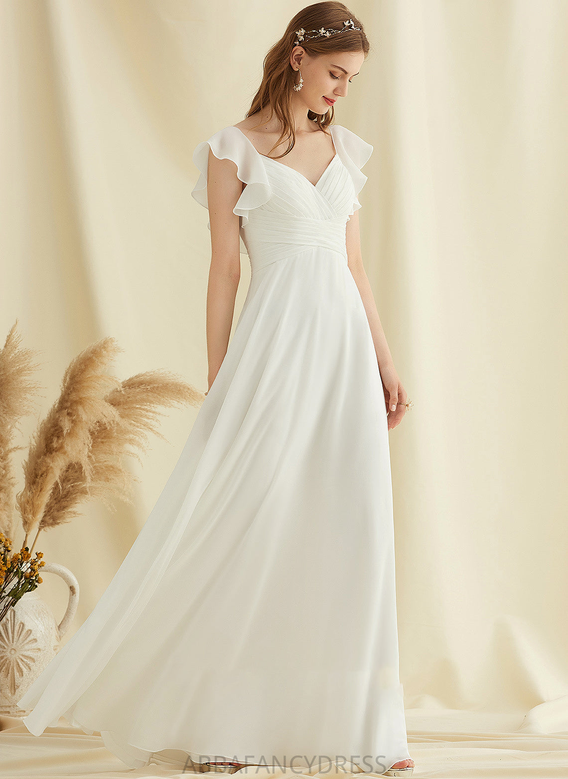 Floor-Length V-neck Wedding Dresses Ruffle Dress With Marlene Chiffon Wedding A-Line