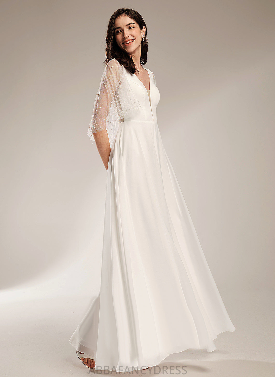 A-Line Dress Wedding Dresses Ximena Chiffon Floor-Length Wedding Beading V-neck With