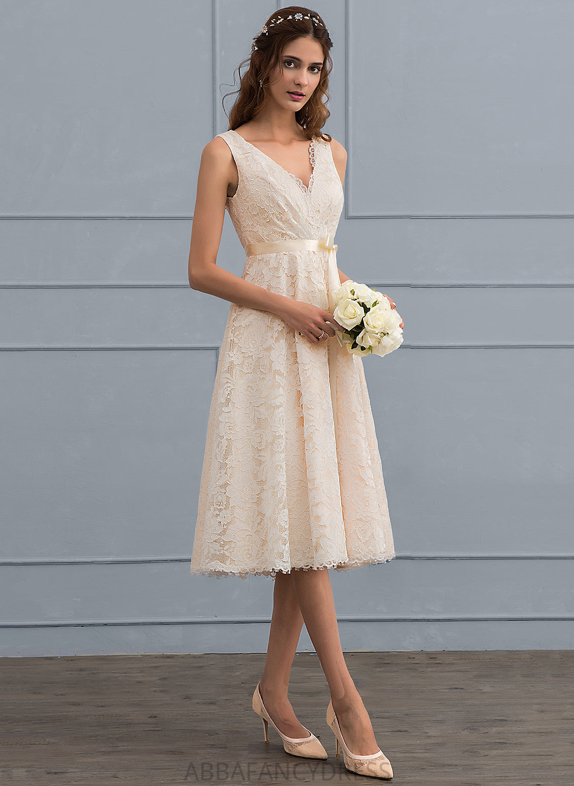 Selah Wedding Dresses A-Line Lace Wedding With Bow(s) Knee-Length Dress V-neck