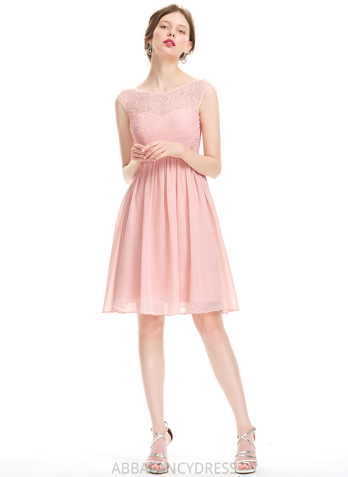 Neck Lace Knee-Length Chiffon Dress Scoop Beading Homecoming Homecoming Dresses A-Line Aleah With Ruffle