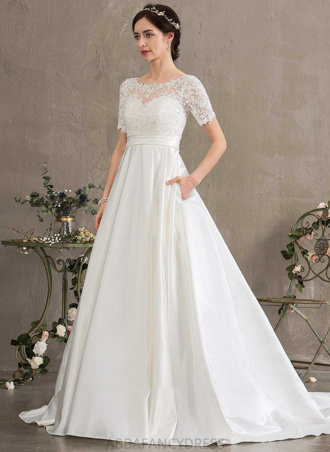 Ball-Gown/Princess With Scoop Miriam Train Wedding Dresses Neck Sequins Pockets Beading Wedding Satin Court Dress