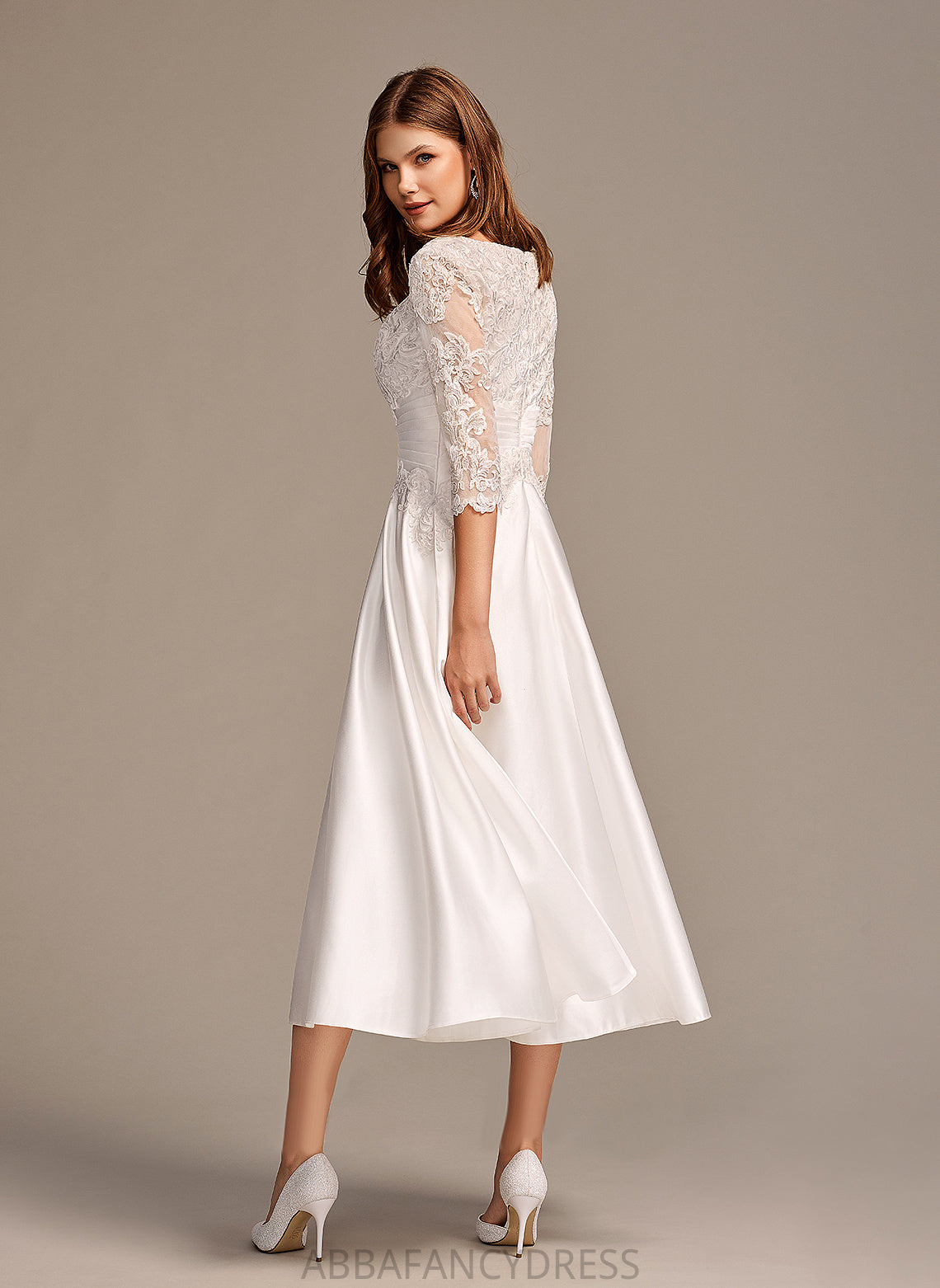 Tea-Length Lace With Scoop Dress Pockets Angela Satin Neck Wedding Dresses A-Line Wedding