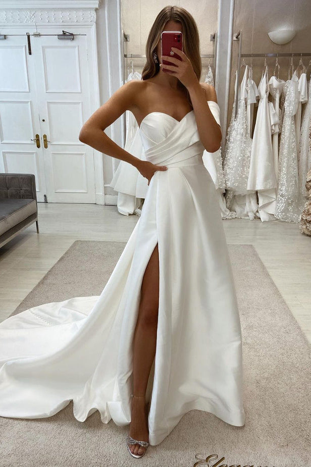 Fashion A Line Strapless Satin Wedding Dresses with Slit