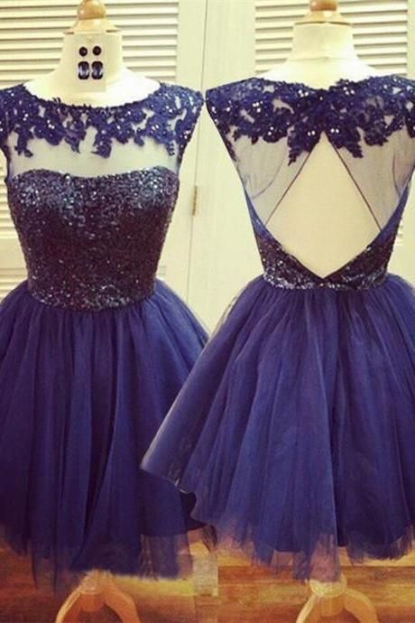 Homecoming Dresses Lace Yadira A-Line Jewel Open Back Navy Blue Tulle Short 2024 With Beading