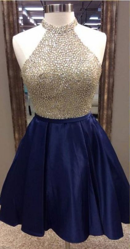 A-Line Jewel Navy Blue Short Homecoming Dresses Theresa Satin 2024 With Beading