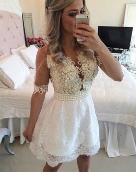 Homecoming Dresses Kailyn Lace A-Line V-Neck Half Sleeves White Short 2024 With Appliques Pearls