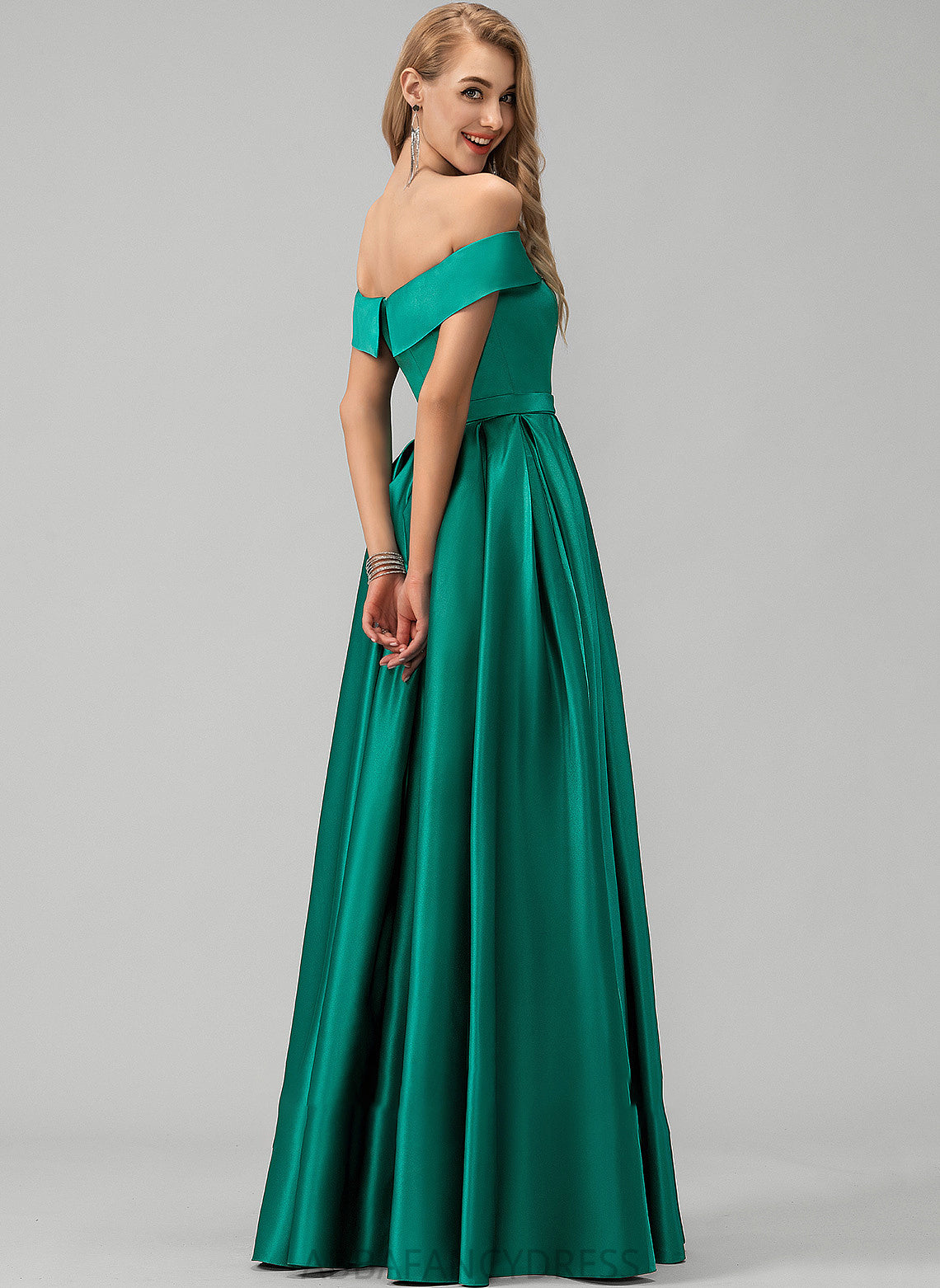 Satin Front Floor-Length Prom Dresses Split Ball-Gown/Princess With Pockets Off-the-Shoulder Mallory