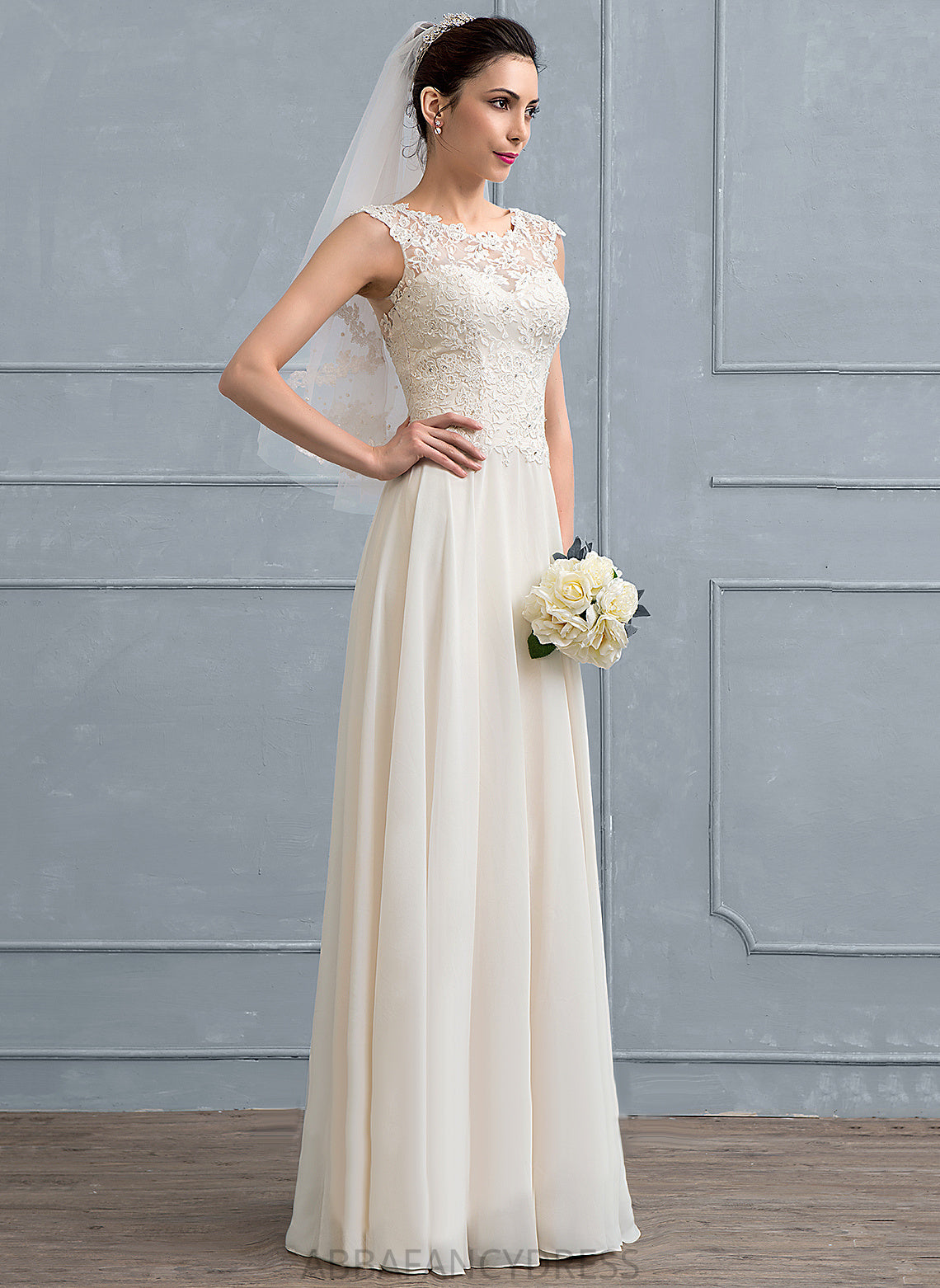 Floor-Length Scoop Dress Chiffon Neck Beading Wedding With Lace Sequins A-Line Jazlynn Wedding Dresses