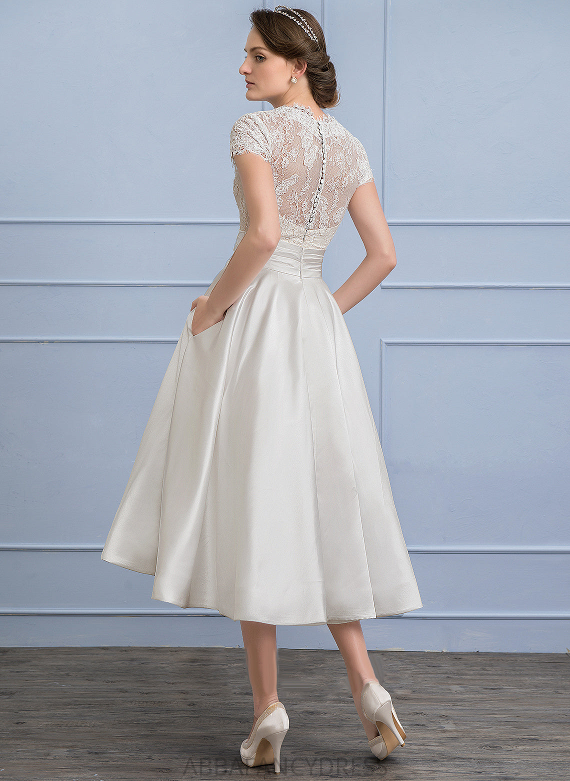 Ruffle Dress Tea-Length Lace With Emelia Wedding Dresses Wedding A-Line V-neck Satin