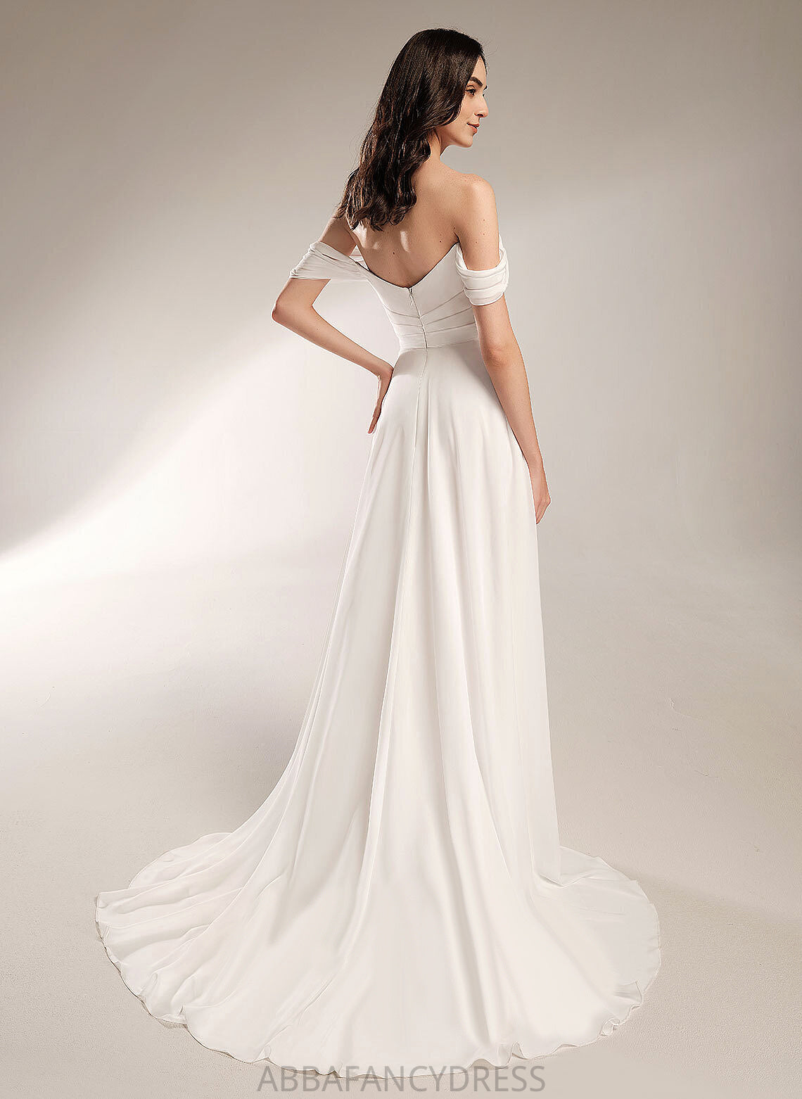 Wedding Dresses A-Line Wedding Court Off-the-Shoulder Dress Pleated With Chelsea Train Chiffon