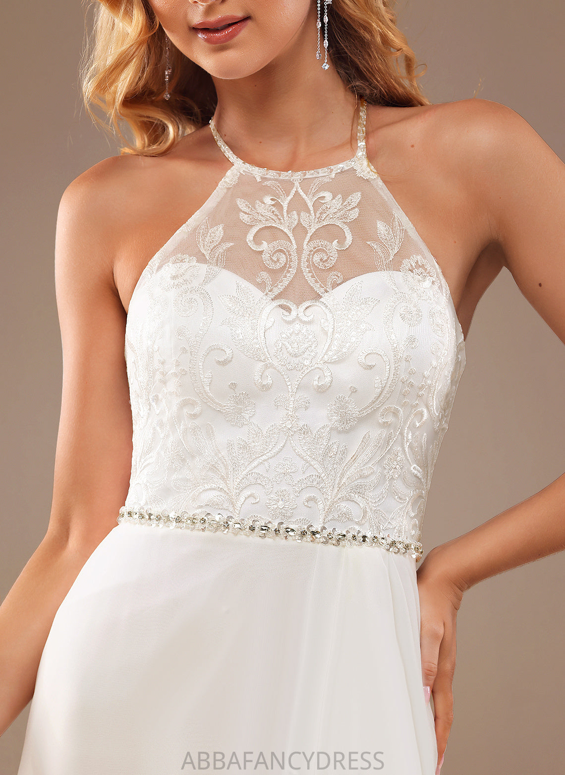 A-Line Chiffon With High Train Neck Dress Wedding Lace Lace Sweep Ruth Sequins Beading Wedding Dresses