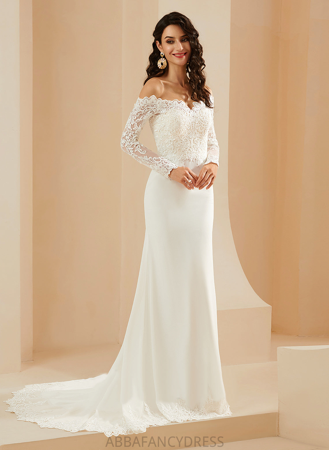 Gertrude Chiffon Wedding Dress Off-the-Shoulder Train Court Lace Trumpet/Mermaid Wedding Dresses With