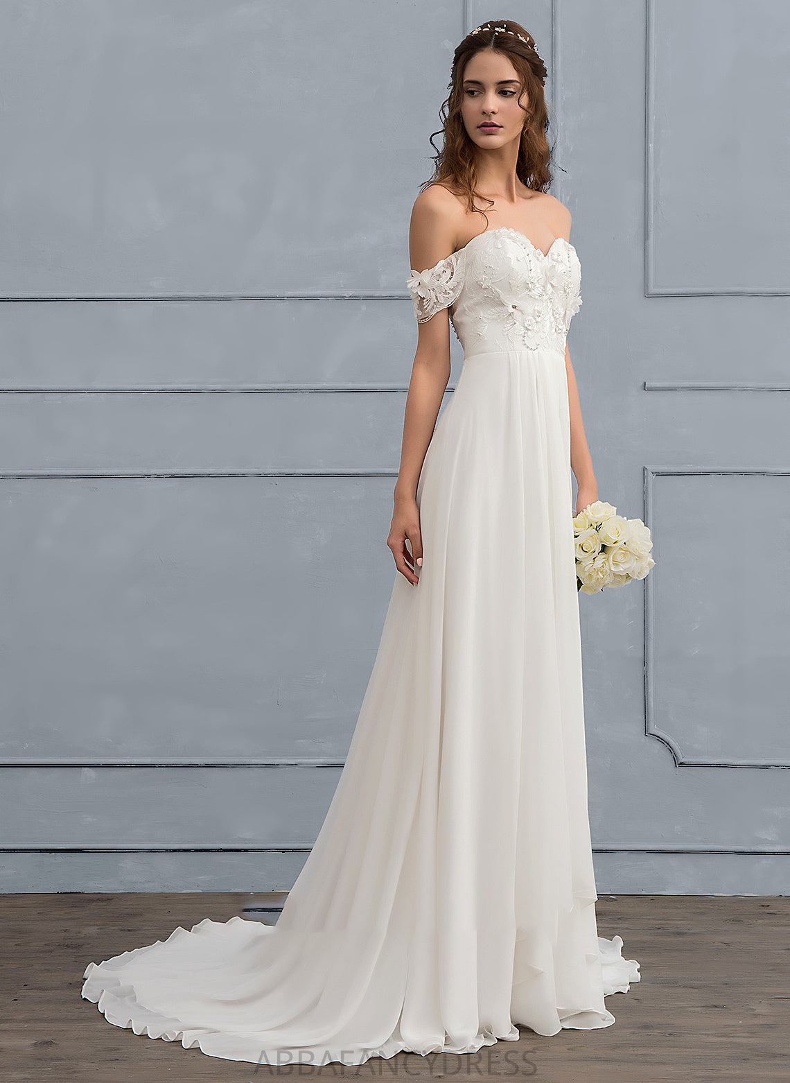 A-Line With Dress Sweep Train Wedding Eleanor Lace Chiffon Beading Wedding Dresses Flower(s)