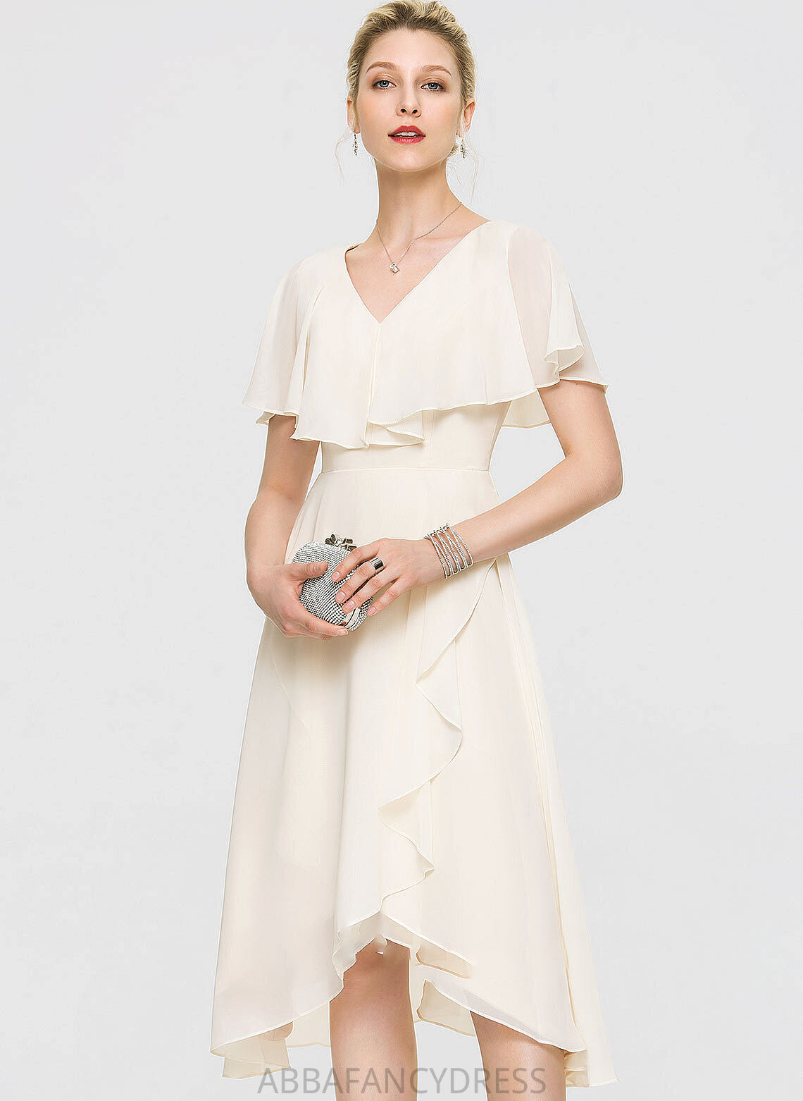 Cascading Wedding A-Line Bow(s) Chiffon Wedding Dresses V-neck Cassidy Dress With Asymmetrical Ruffles