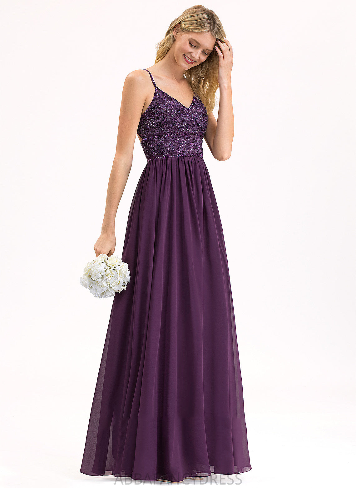 Floor-Length Chiffon Beading Kelsey Sequins A-Line Prom Dresses V-neck Lace With