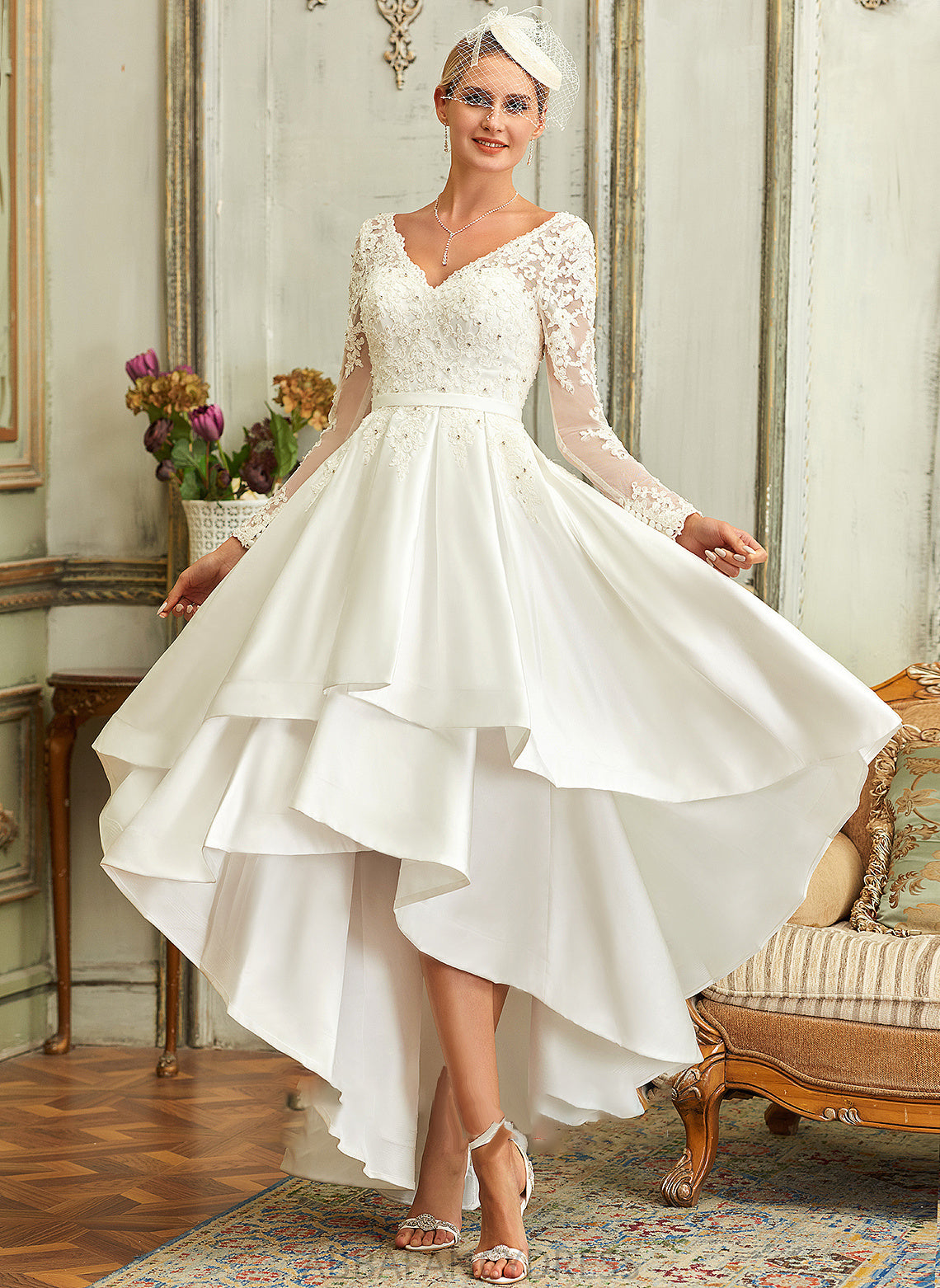 A-Line Lace V-neck Dress Elianna Wedding Satin Asymmetrical Wedding Dresses