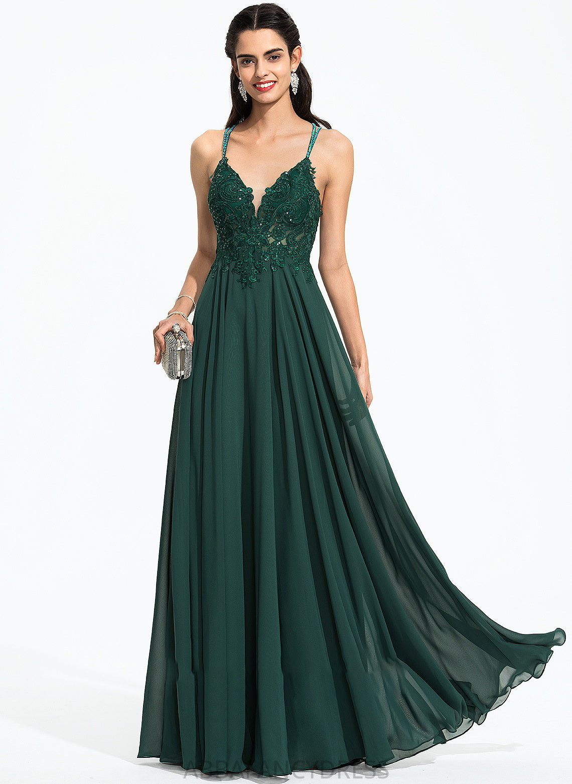 Beading A-Line Sequins Hope With Chiffon Floor-Length V-neck Prom Dresses