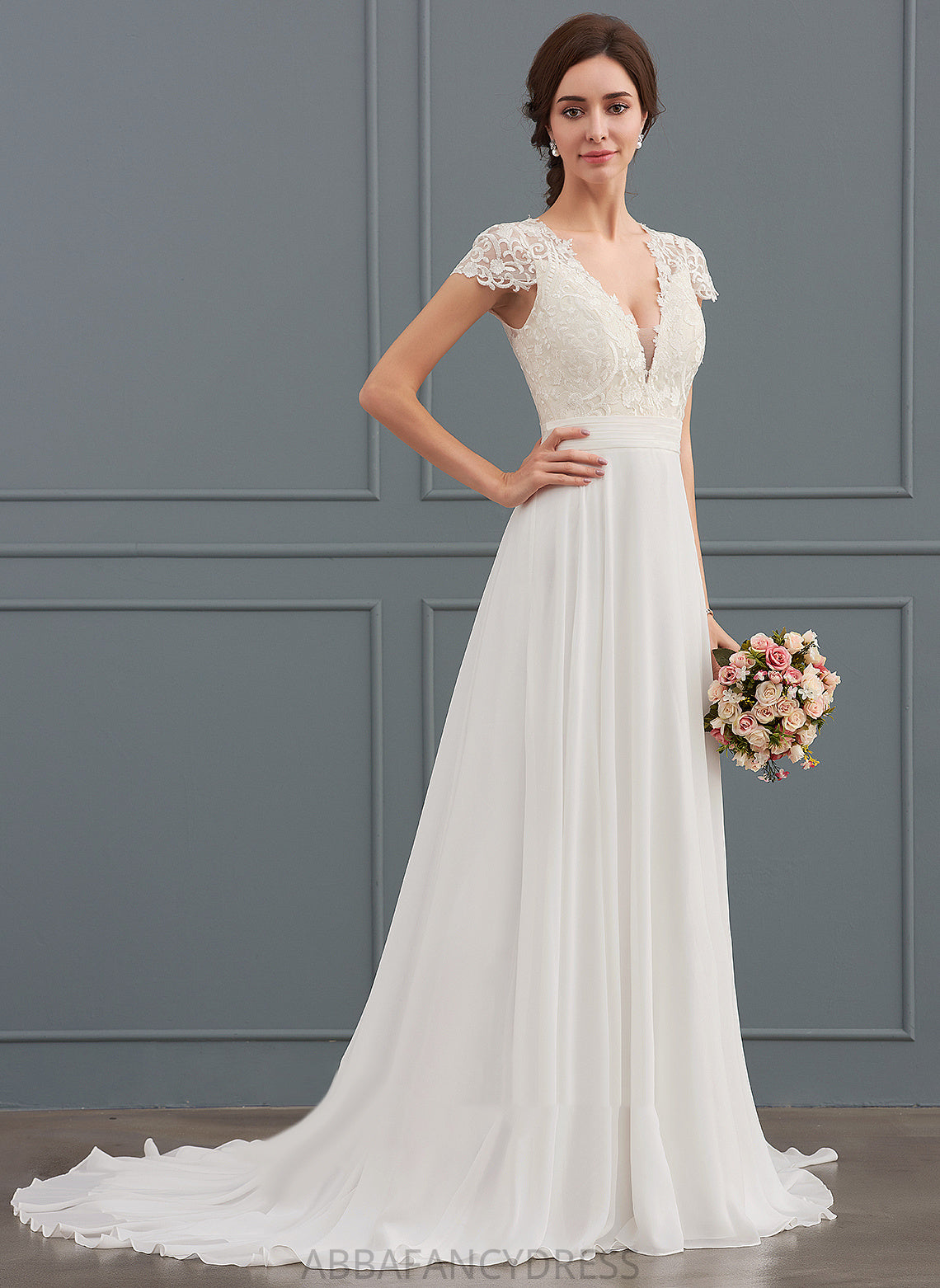 Lace Sweep V-neck Dress Train Wedding Chiffon Jaylen Wedding Dresses With A-Line Ruffle