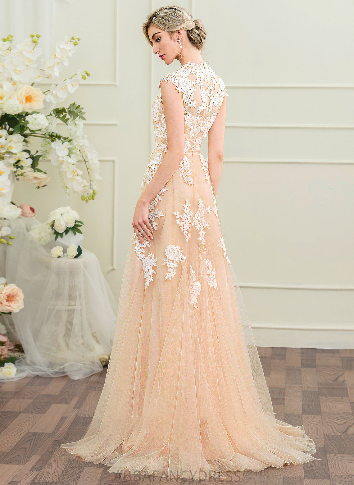 Victoria Wedding Wedding Dresses Sweep Train A-Line Tulle Dress V-neck