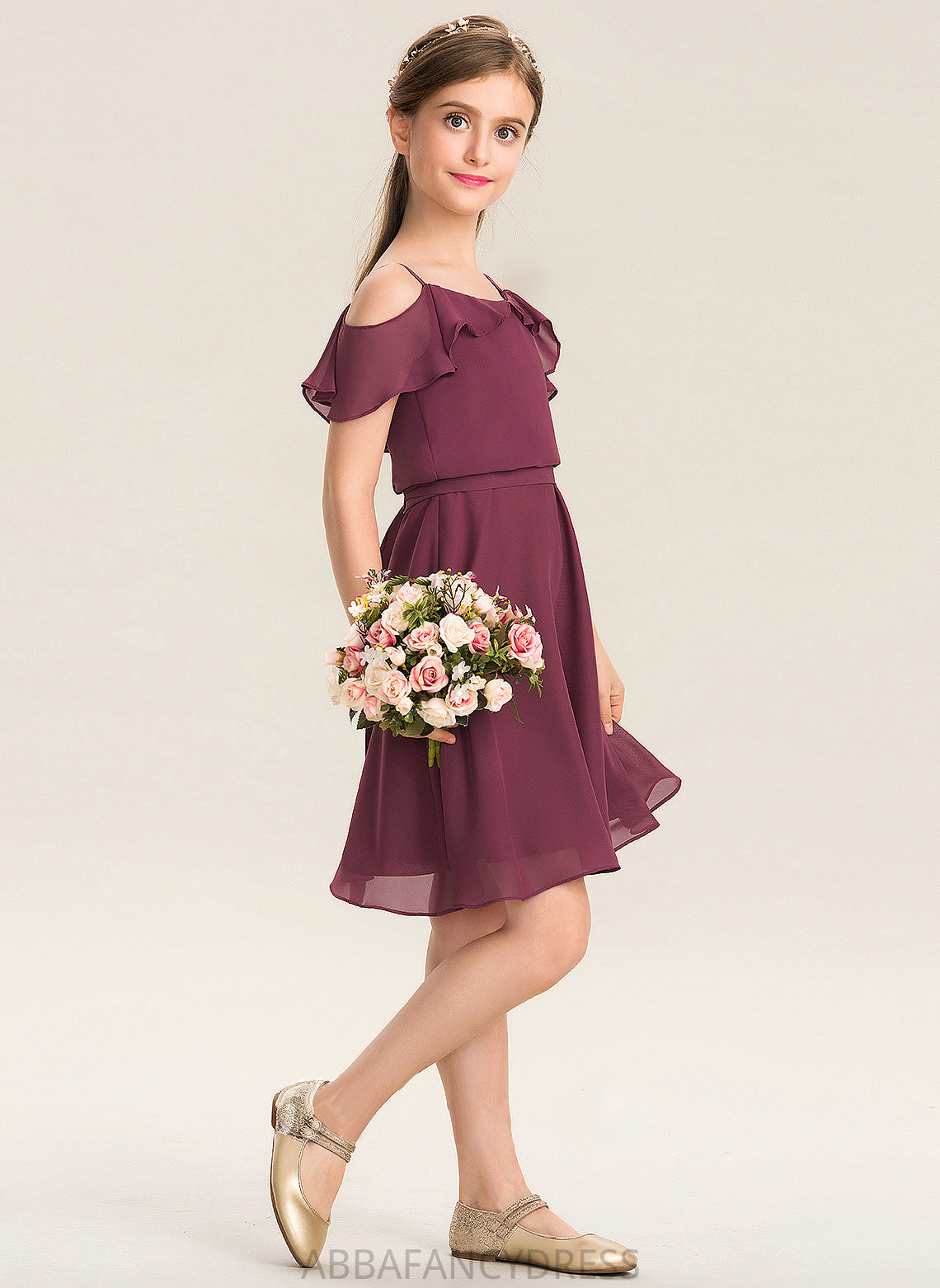 Bow(s) Knee-Length Off-the-Shoulder A-Line Cascading Junior Bridesmaid Dresses With Ruffles Chiffon Roselyn