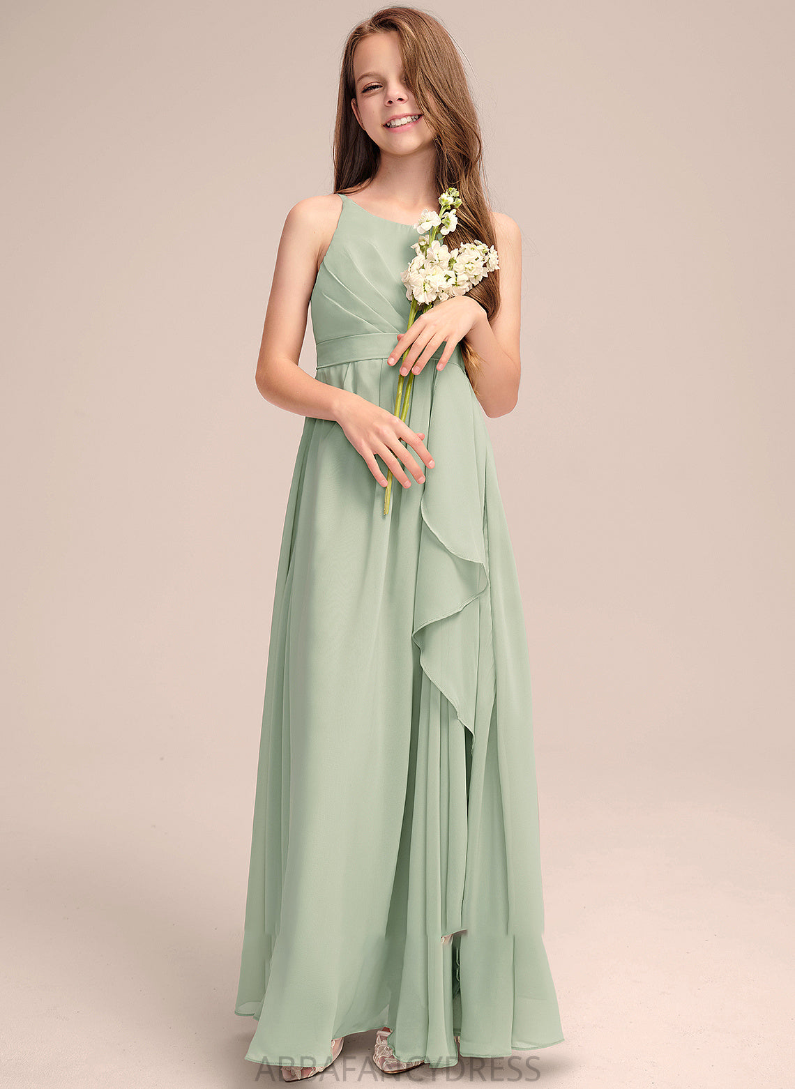 Scoop Ruffles Chiffon A-Line Neck With Cascading Floor-Length Kara Junior Bridesmaid Dresses