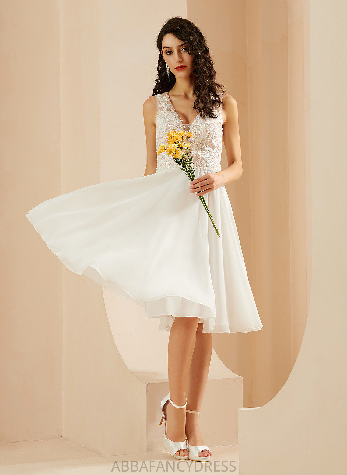 Sequins V-neck With Wedding Lace A-Line Chiffon Dress Knee-Length Jazmine Wedding Dresses