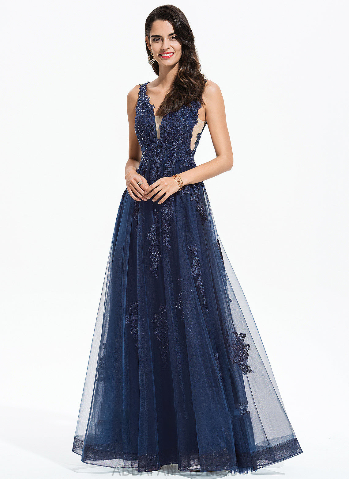 Sequins Charlize Tulle V-neck With Lace A-Line Prom Dresses Floor-Length