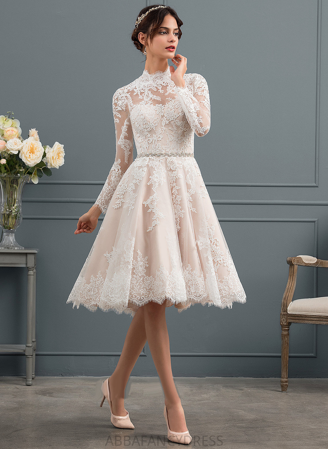 Dress Wedding Wedding Dresses Rayna Illusion Tulle Knee-Length A-Line Lace