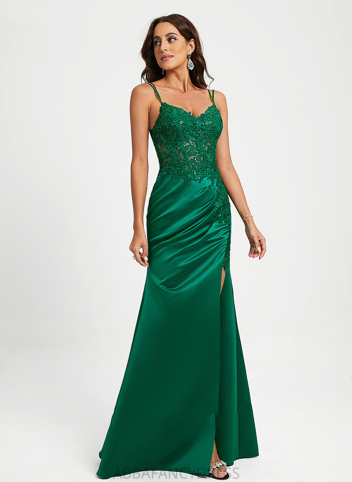 With V-neck Sequins Prom Dresses Amina Lace Floor-Length Sheath/Column Satin