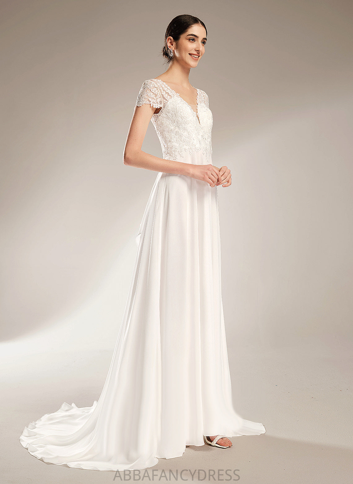 Chiffon Bow(s) V-neck Monique A-Line Wedding Dresses Dress Court Lace With Wedding Train