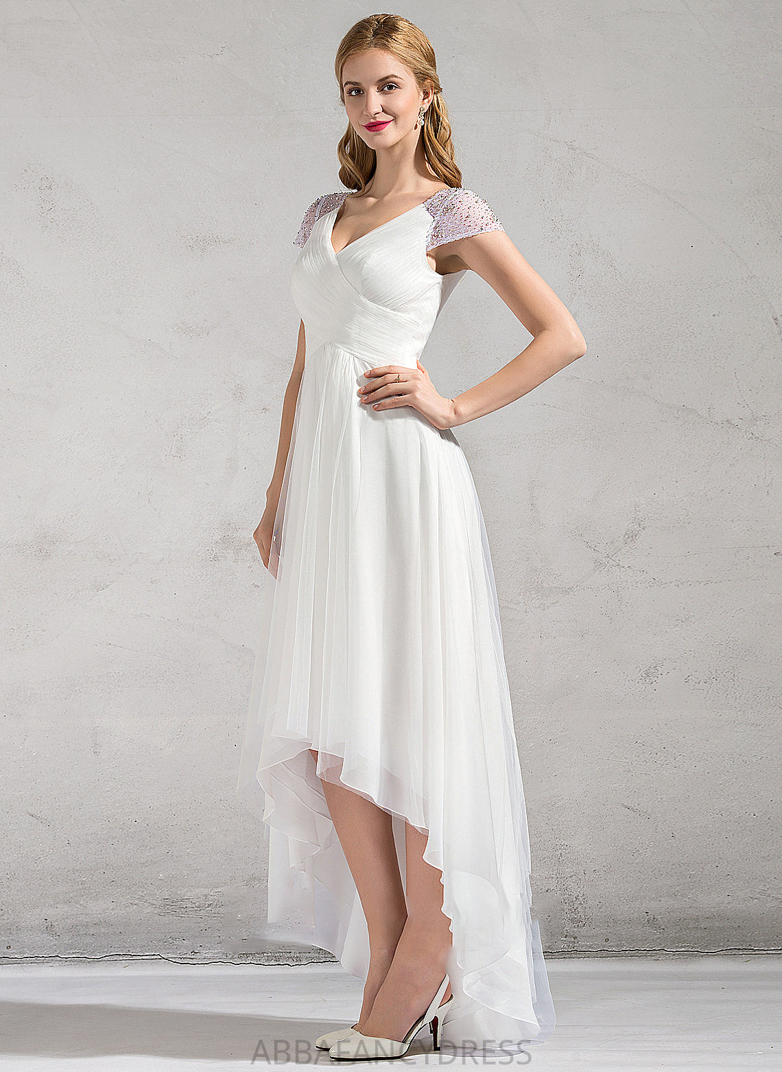 Sequins A-Line Asymmetrical Ruffle Wedding Wedding Dresses Karen Tulle Dress V-neck With Beading