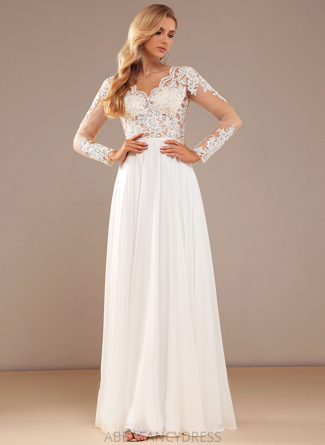 Floor-Length Abbigail Chiffon A-Line Wedding V-neck Sequins Wedding Dresses With Dress Lace