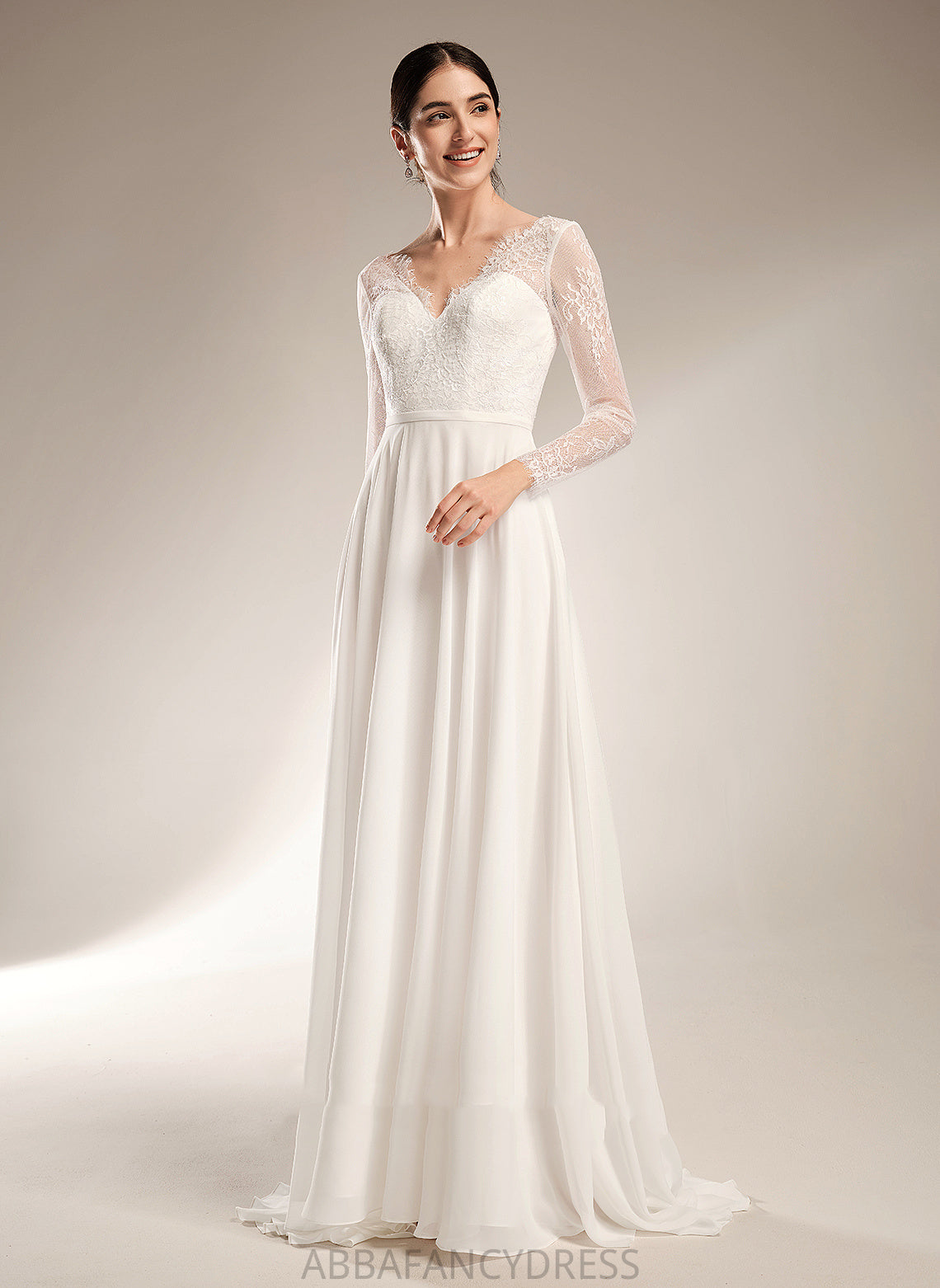 Sweep Chiffon Jazlene Dress Wedding Dresses Wedding Train Lace A-Line V-neck