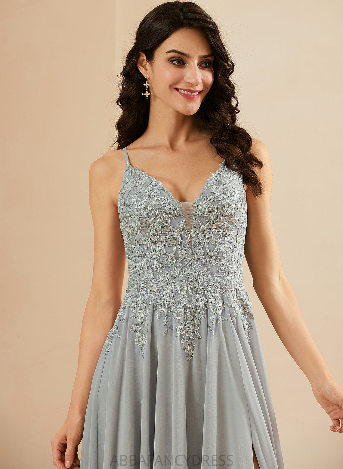 Lace Split Prom Dresses V-neck Megan With Floor-Length Chiffon Sequins A-Line Front