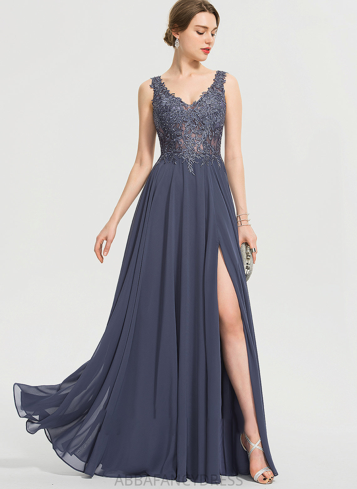 Sequins A-Line Prom Dresses Front Beading Chiffon With Lara Floor-Length Split V-neck