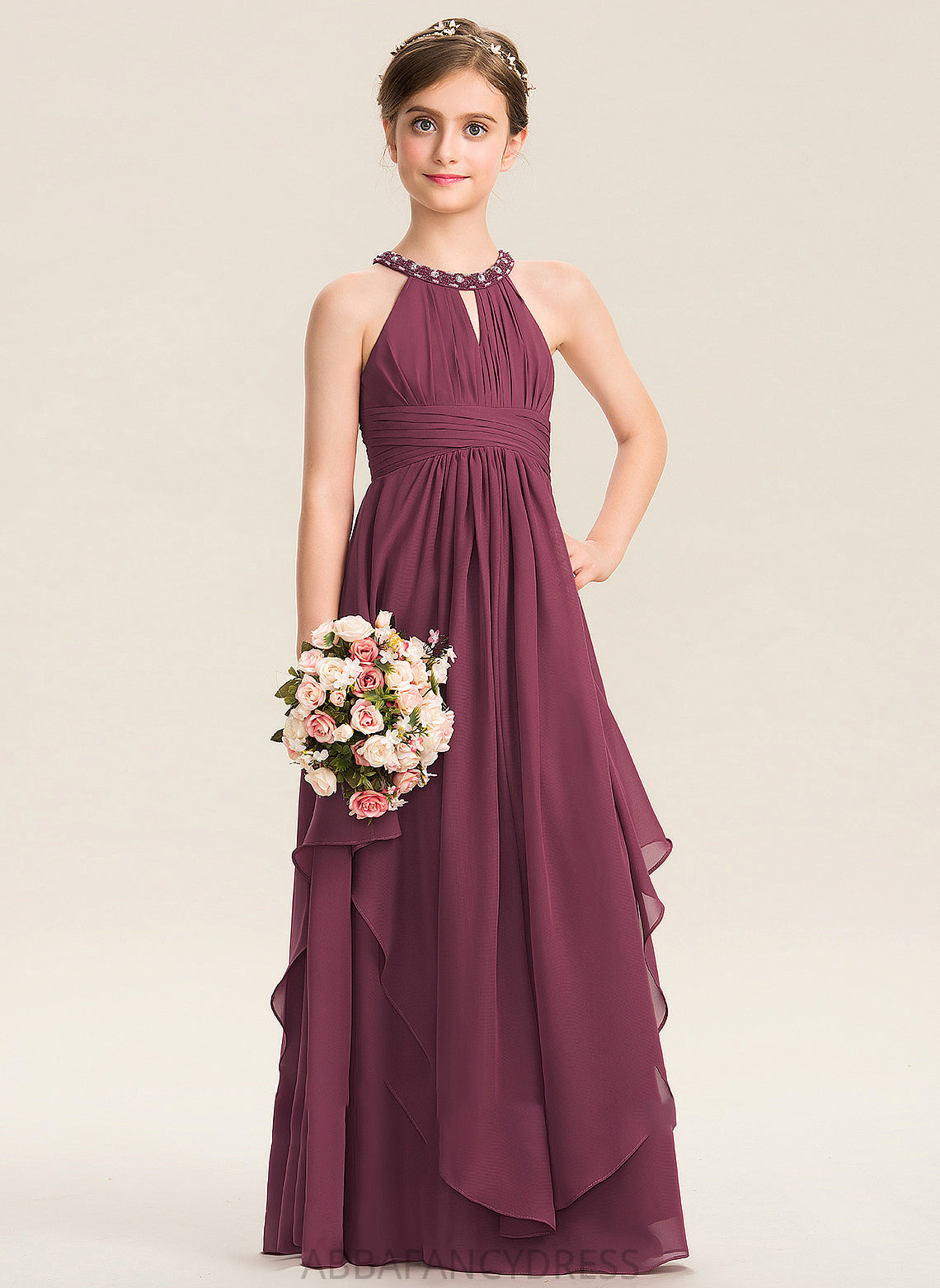 Floor-Length Junior Bridesmaid Dresses With Chiffon Neck Destiney Ruffle Beading A-Line Scoop