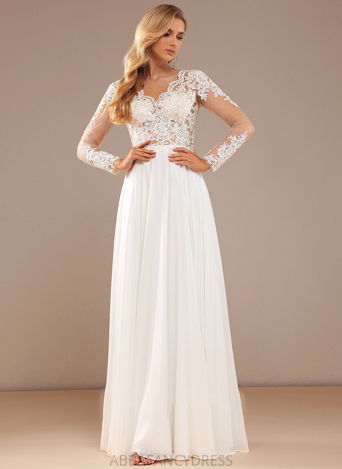 V-neck Wedding Sequins A-Line Dress Lace Chiffon Wedding Dresses Joyce With Lace Floor-Length