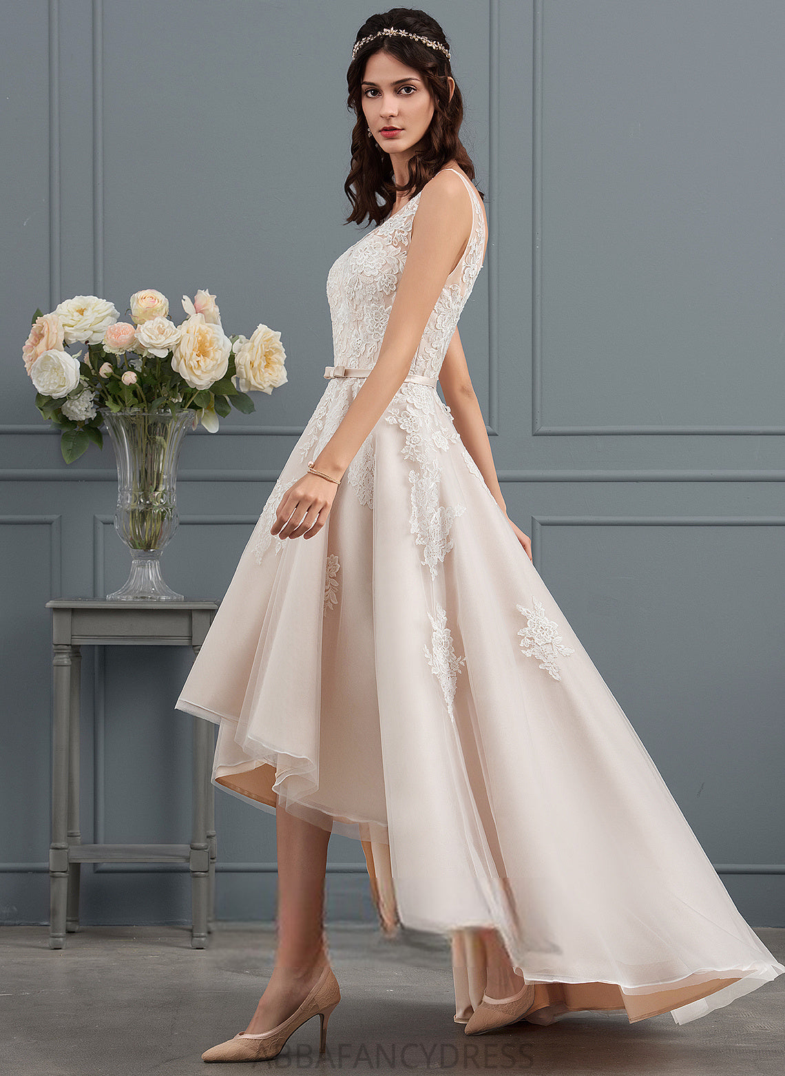 A-Line Sienna Satin Asymmetrical With Lace Wedding Dresses Tulle Dress Bow(s) V-neck Wedding