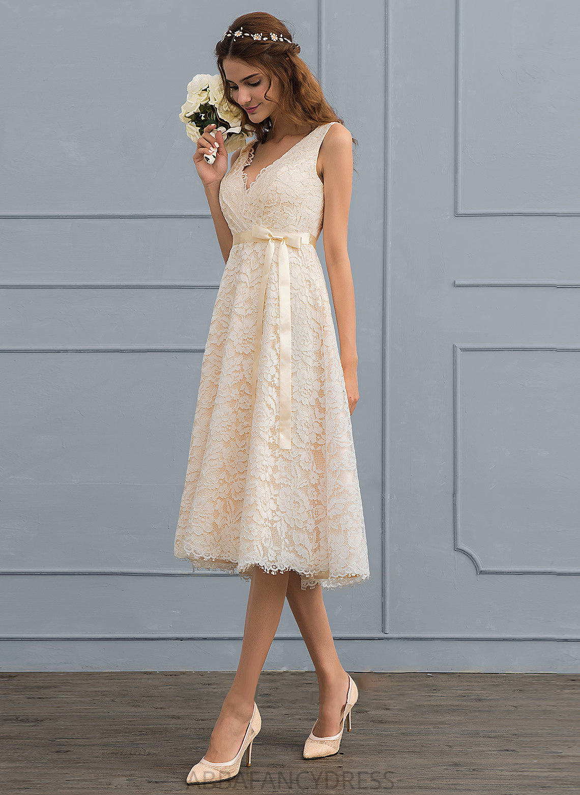 Selah Wedding Dresses A-Line Lace Wedding With Bow(s) Knee-Length Dress V-neck