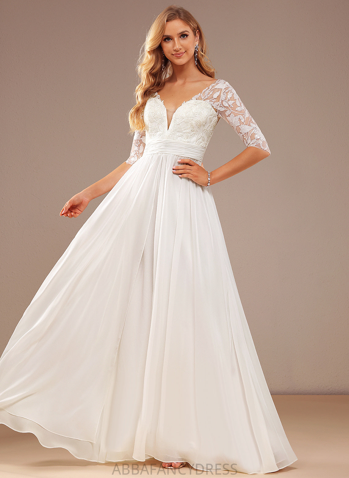 Lacey Wedding Dress A-Line Wedding Dresses With Sequins Ruffle Lace V-neck Lace Floor-Length Chiffon