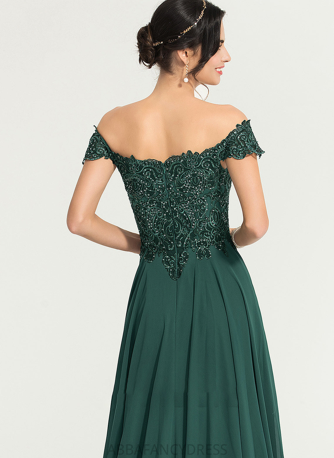 Hallie Off-the-Shoulder With Train Front Split Sweep Chiffon Prom Dresses A-Line Sequins