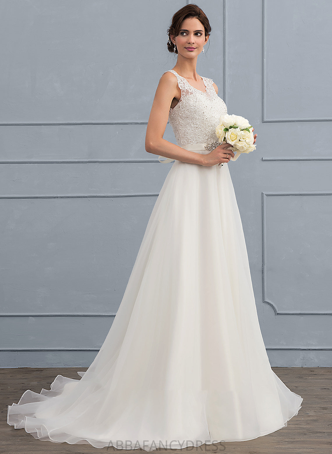 Wedding Dresses With Train A-Line Bow(s) Organza Sweep V-neck Wedding Dress Beading Madelyn