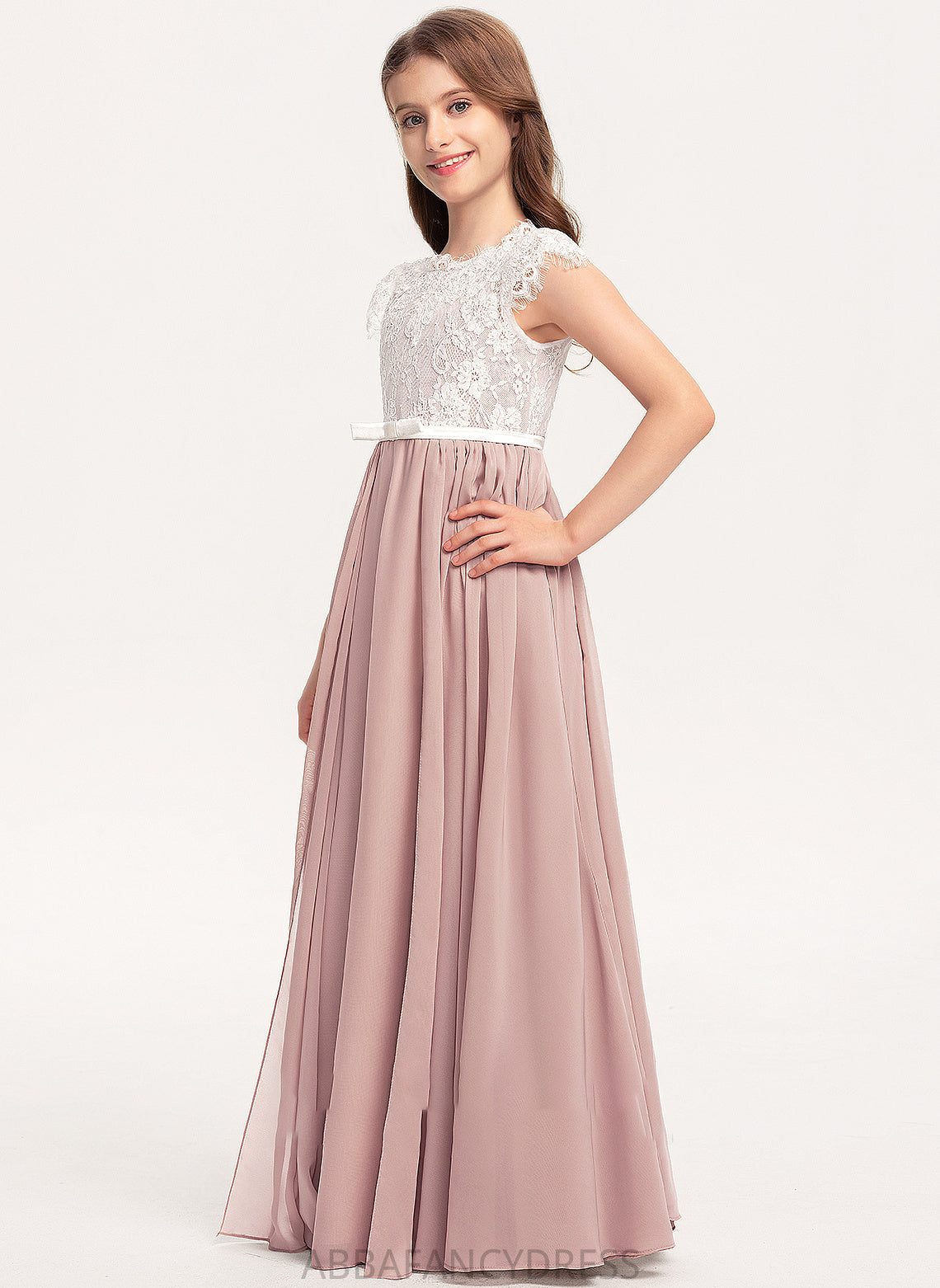 Lace Junior Bridesmaid Dresses Bow(s) Susan Floor-Length Neck A-Line Chiffon Scoop With