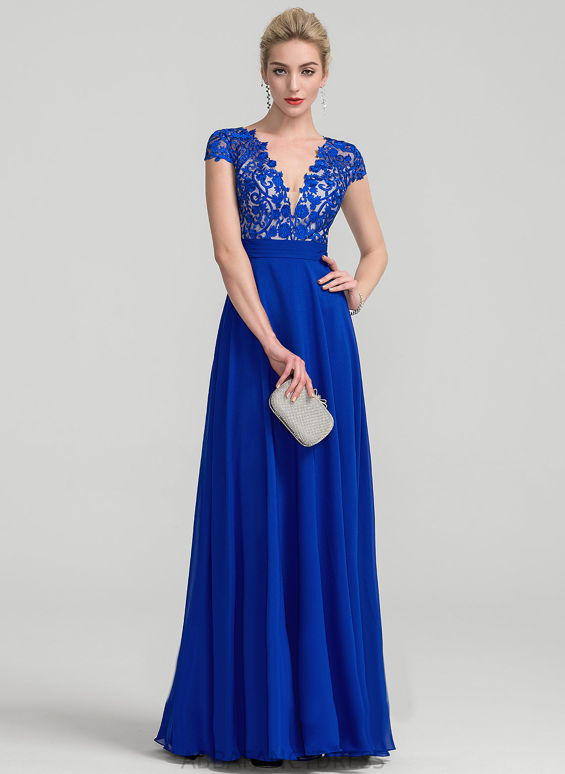 Chiffon Laci With Floor-Length V-neck Lace Prom Dresses A-Line Ruffle