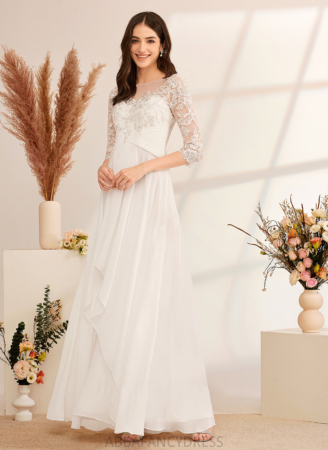 Ruffle Beading A-Line Jaylah With Wedding Floor-Length Illusion Dress Wedding Dresses