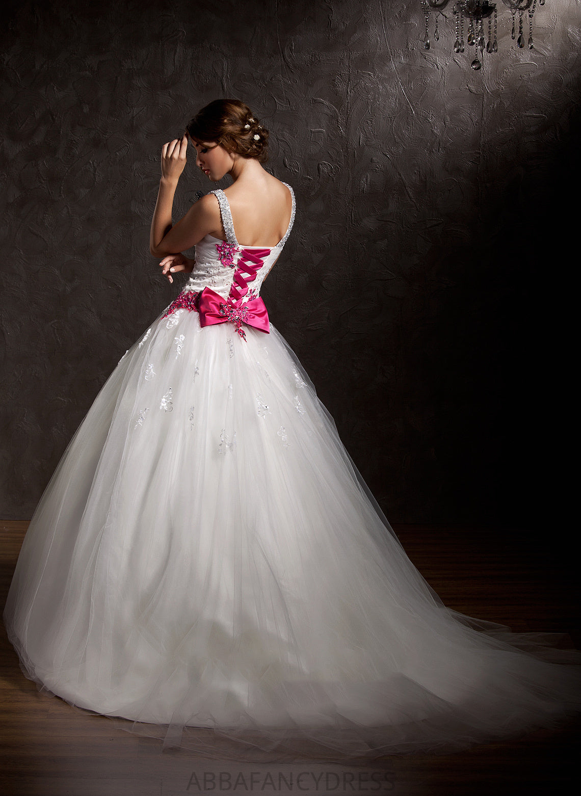 Sweetheart Ball-Gown/Princess Appliques Wedding Athena Ruffle Bow(s) Train Wedding Dresses Chapel Lace Dress With Tulle